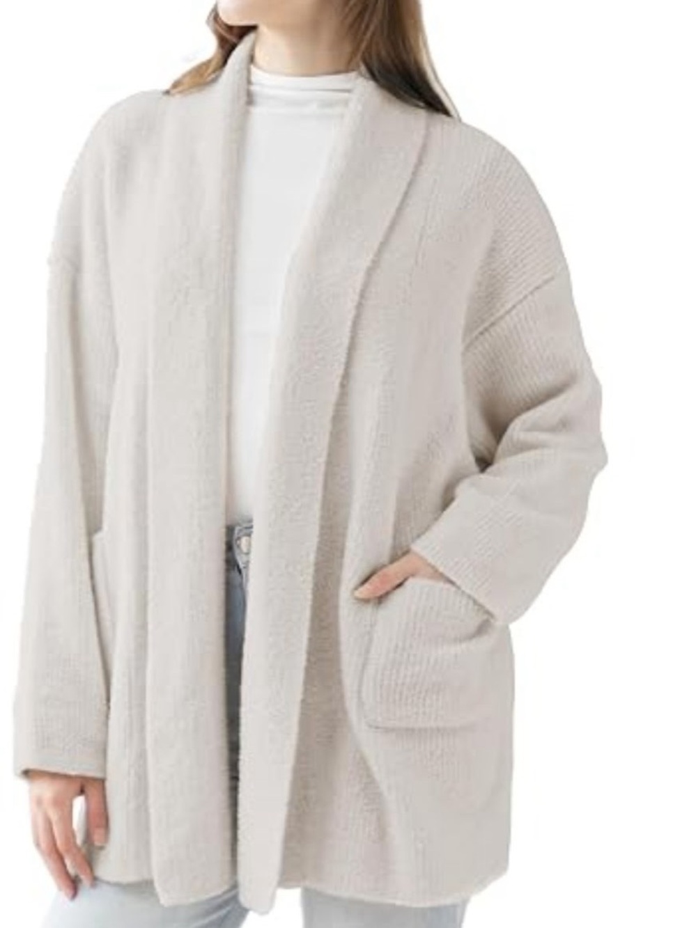 Beryll Light Cream Open-Front Shawl Collar‎ Cashmere Cardigan Sweater